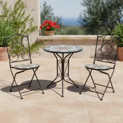 Set giardino Bistrot tavolo rotondo 60 cm e 2 sedie in metallo Nero e Top in ceramica Effetto Mosaico