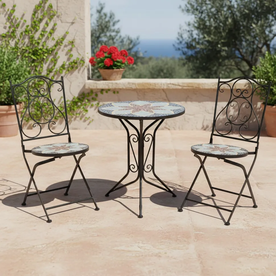 Set giardino Bistrot tavolo rotondo 60 cm e 2 sedie in metallo Nero e Top in ceramica Effetto Mosaico