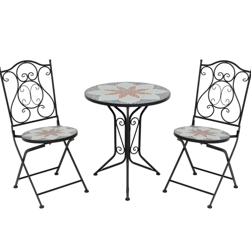 Set giardino Bistrot tavolo rotondo 60 cm e 2 sedie in metallo Nero e Top in ceramica Effetto Mosaico