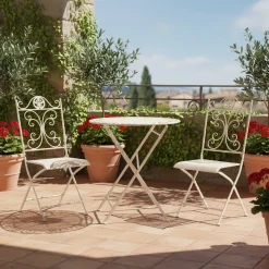 Set giardino Bistrot Tavolo rotondo 70 cm e 2 sedie pieghevoli in metallo Bianco Design Liberty