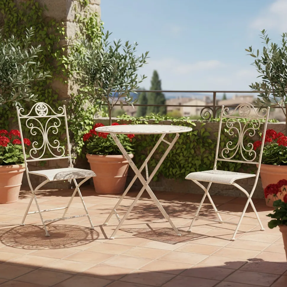 Set giardino Bistrot Tavolo rotondo 70 cm e 2 sedie pieghevoli in metallo Bianco Design Liberty