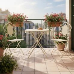 Set giardino Bistrot Tavolo rotondo 70 cm e 2 sedie richiudibili in metallo Crema Design Liberty