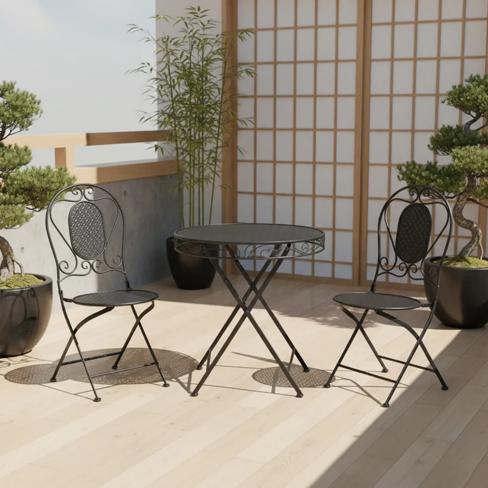 Set giardino Bistrot Tavolo rotondo 70 cm e 2 sedie richiudibili in metallo Nero Design Liberty
