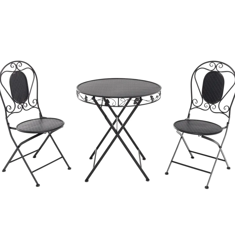 Set giardino Bistrot Tavolo rotondo 70 cm e 2 sedie richiudibili in metallo Nero Design Liberty