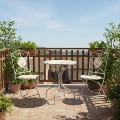 Set giardino Bistrot tavolo rotondo 60 cm e 2 sedie in metallo Bianco e Top in ceramica decorata con motivi floreali