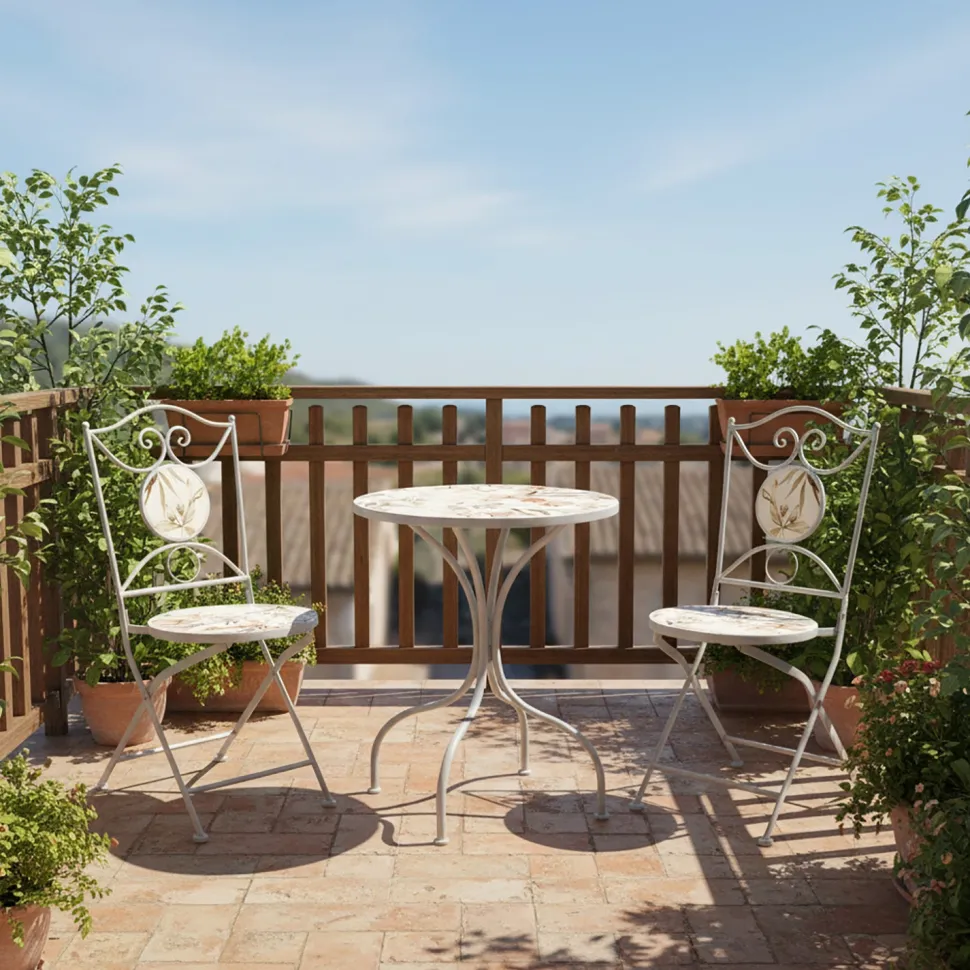 Set giardino Bistrot tavolo rotondo 60 cm e 2 sedie in metallo Bianco e Top in ceramica decorata con motivi floreali