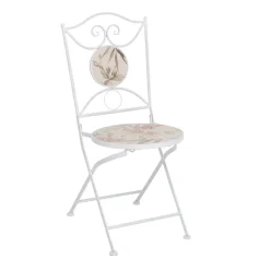 Set giardino Bistrot tavolo rotondo 60 cm e 2 sedie in metallo Bianco e Top in ceramica decorata con motivi floreali