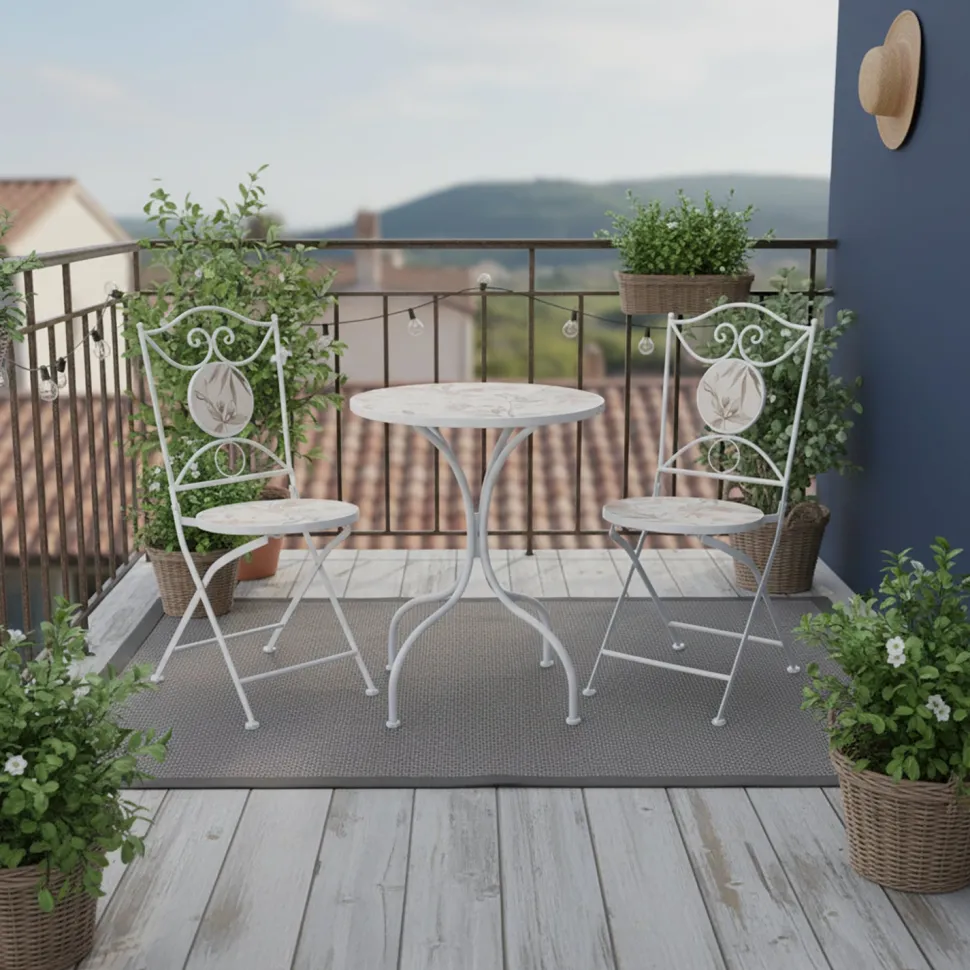 Set giardino Bistrot tavolo rotondo 60 cm e 2 sedie in metallo Bianco e Top in ceramica decorata con motivi floreali