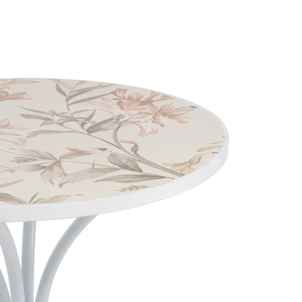 Set giardino Bistrot tavolo rotondo 60 cm e 2 sedie in metallo Bianco e Top in ceramica decorata con motivi floreali