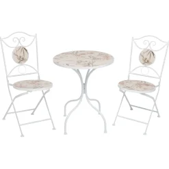 Set giardino Bistrot tavolo rotondo 60 cm e 2 sedie in metallo Bianco e Top in ceramica decorata con motivi floreali