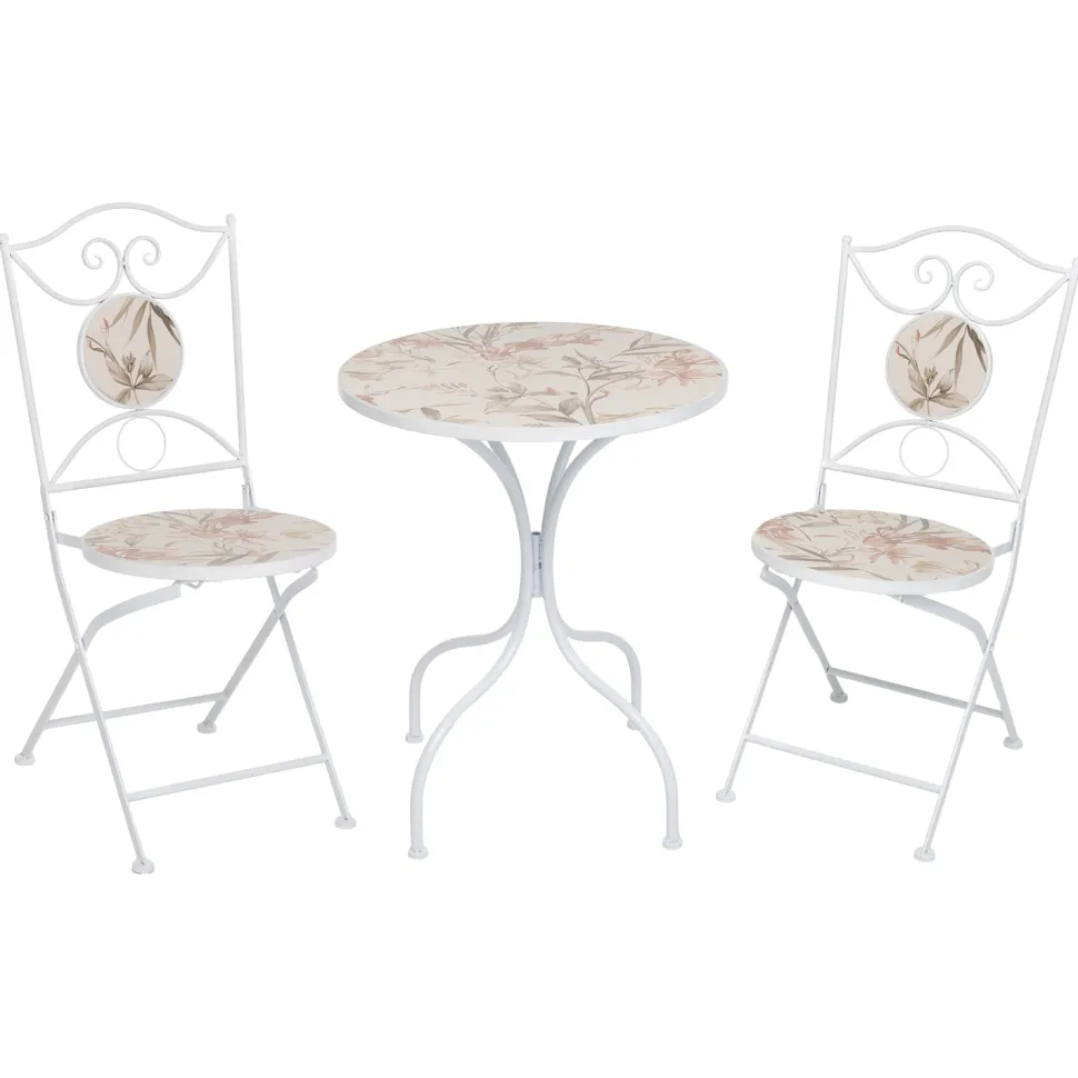 Set giardino Bistrot tavolo rotondo 60 cm e 2 sedie in metallo Bianco e Top in ceramica decorata con motivi floreali