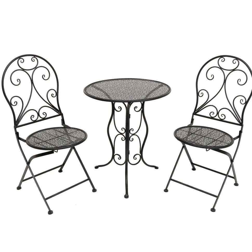 Set giardino Bistrot Tavolo rotondo 60 cm e 2 sedie richiudibili in metallo Nero Design Liberty