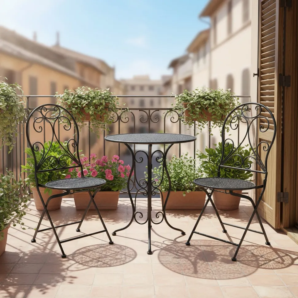 Set giardino Bistrot Tavolo rotondo 60 cm e 2 sedie richiudibili in metallo Nero Design Liberty