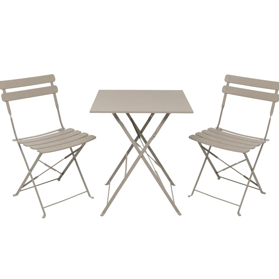 Set giardino Bistrot tavolo 60x60 cm e 2 sedie pieghevoli in acciaio Tortora