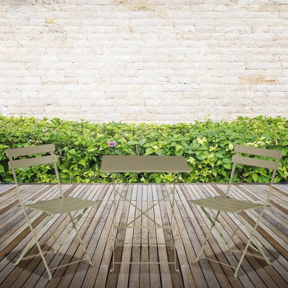 Set giardino Bistrot tavolo 60x60 cm e 2 sedie pieghevoli in acciaio Tortora