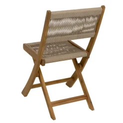 Set giardino tavolo pieghevole 60x55 cm e 2 sedie pieghevoli in legno con seduta in corda di poliestere intrecciata