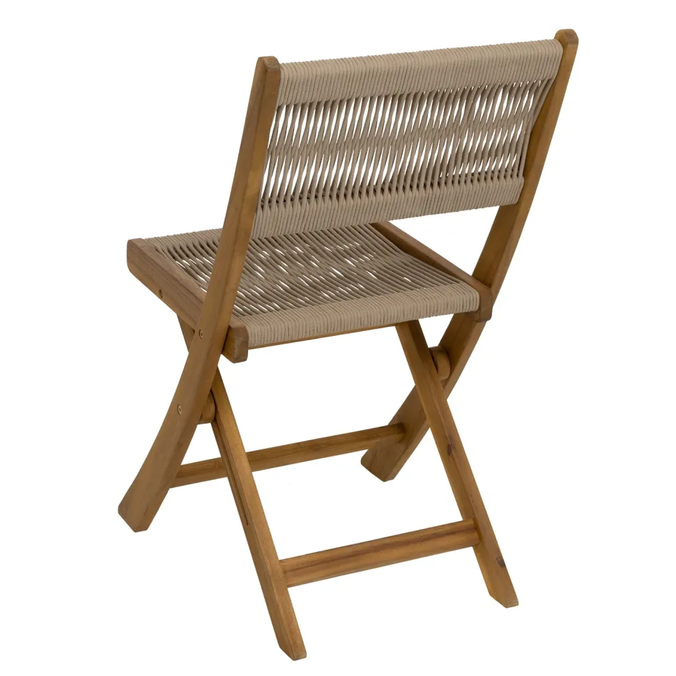 Set giardino tavolo pieghevole 60x55 cm e 2 sedie pieghevoli in legno con seduta in corda di poliestere intrecciata