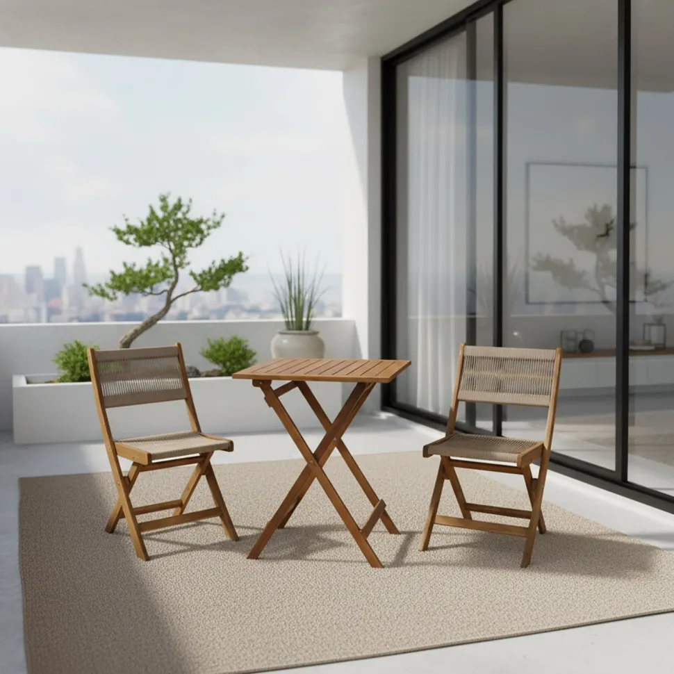Set giardino tavolo pieghevole 60x55 cm e 2 sedie pieghevoli in legno con seduta in corda di poliestere intrecciata
