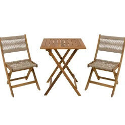 Set giardino tavolo pieghevole 60x55 cm e 2 sedie pieghevoli in legno con seduta in corda di poliestere intrecciata