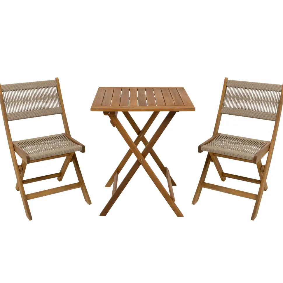 Set giardino tavolo pieghevole 60x55 cm e 2 sedie pieghevoli in legno con seduta in corda di poliestere intrecciata