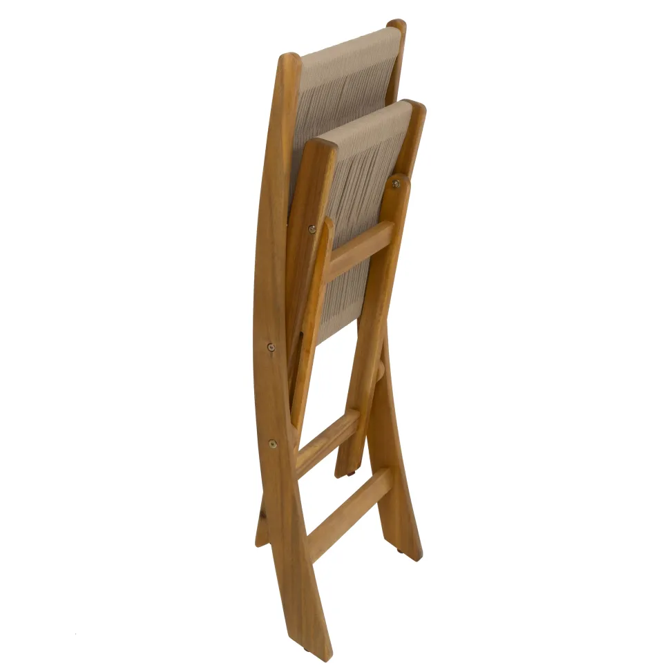 Set giardino tavolo pieghevole 60x55 cm e 2 sedie pieghevoli in legno con seduta in corda di poliestere intrecciata