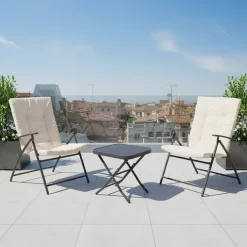Set giardino Tavolo 45x45 cm e 2 sedie in acciaio Antracite Richiudibili con Cuscini Ècru