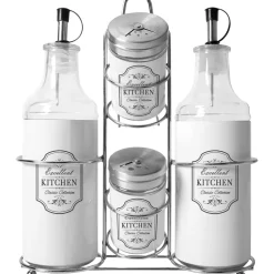 Set menage 4 contenitori in vetro e latta colore bianco con stand