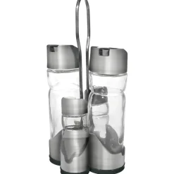 Set Menage in Vetro con Stand Metallo Cromato h20 cm