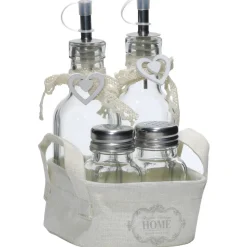 Set Menage 4 pezzi Oliera, Sale e Pepe in vetro con cestino shabby chic