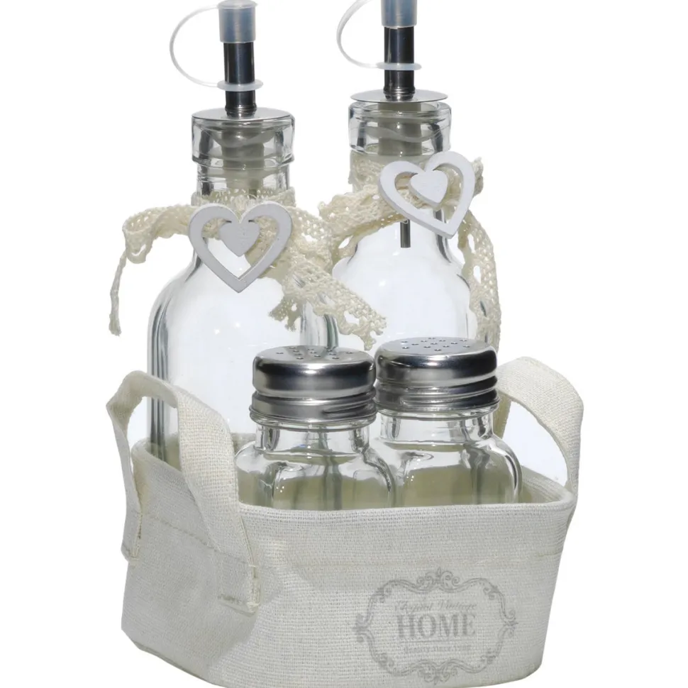 Set Menage 4 pezzi Oliera, Sale e Pepe in vetro con cestino shabby chic