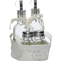 Set Menage 4 pezzi Oliera, Sale e Pepe in vetro con cestino shabby chic