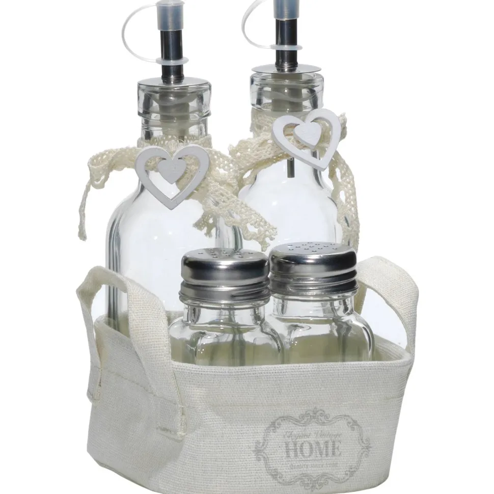 Set Menage 4 pezzi Oliera, Sale e Pepe in vetro con cestino shabby chic