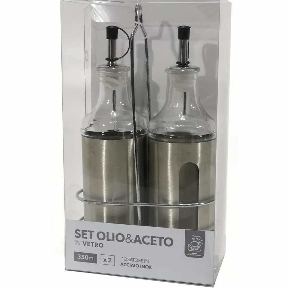 Set Olio e Aceto in Vetro con Dosatore in Acciaio Inox 350 ml