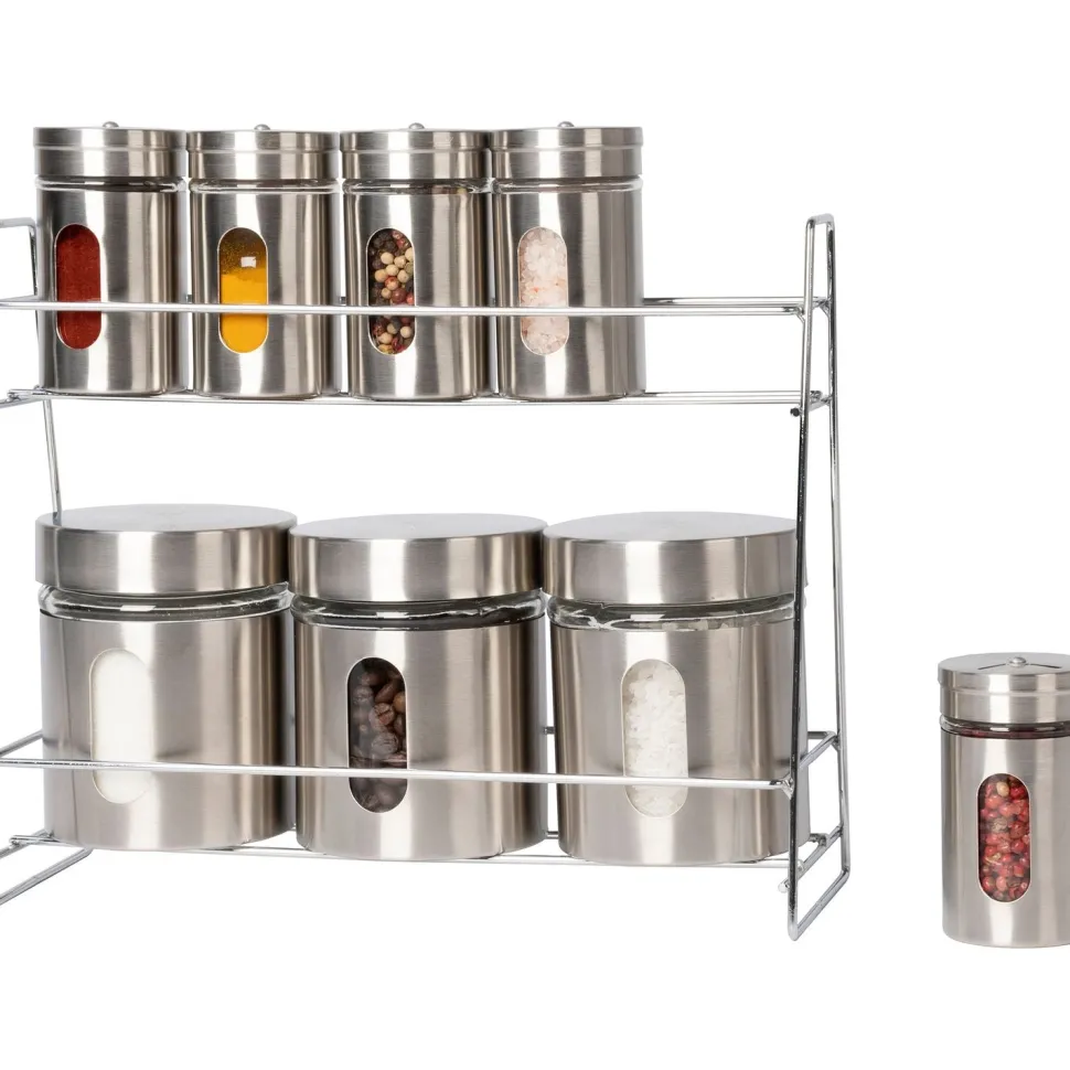 Set 8 pezzi Barattoli e portaspezie in vetro e acciaio inox con stand