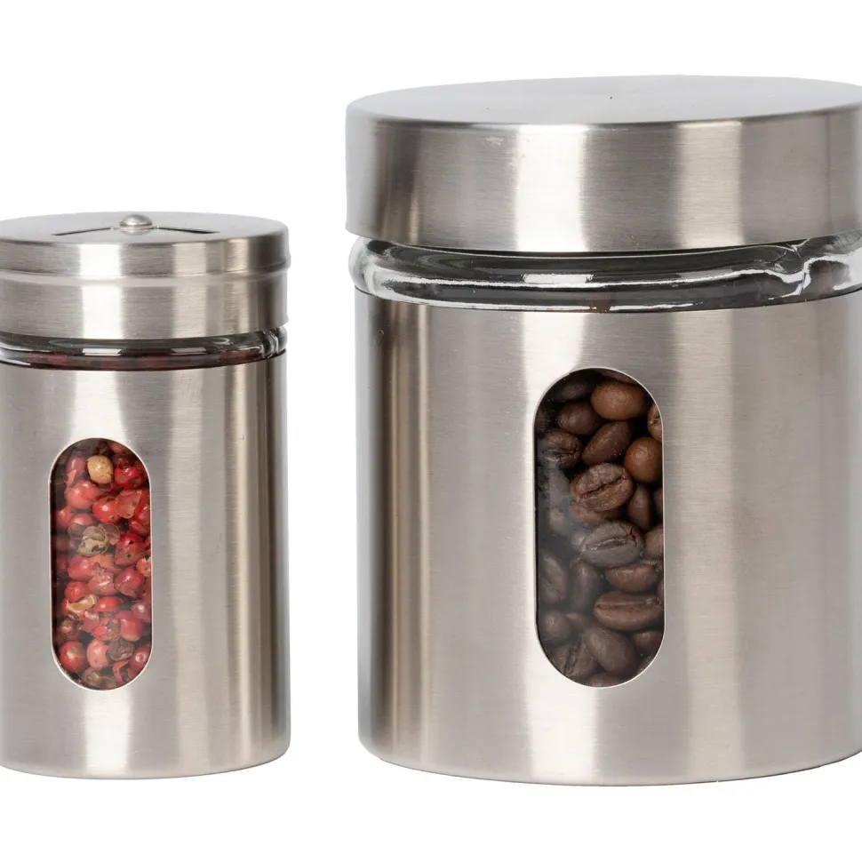Set 8 pezzi Barattoli e portaspezie in vetro e acciaio inox con stand