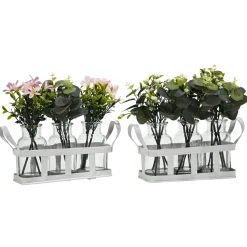 Set 3 Piantine Artificiali in Vasetti di Vetro con Cassetta in Metallo Bianco h24x22x8 cm