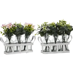 Set 3 Piantine Artificiali in Vasetti di Vetro con Cassetta in Metallo Bianco h24x22x8 cm