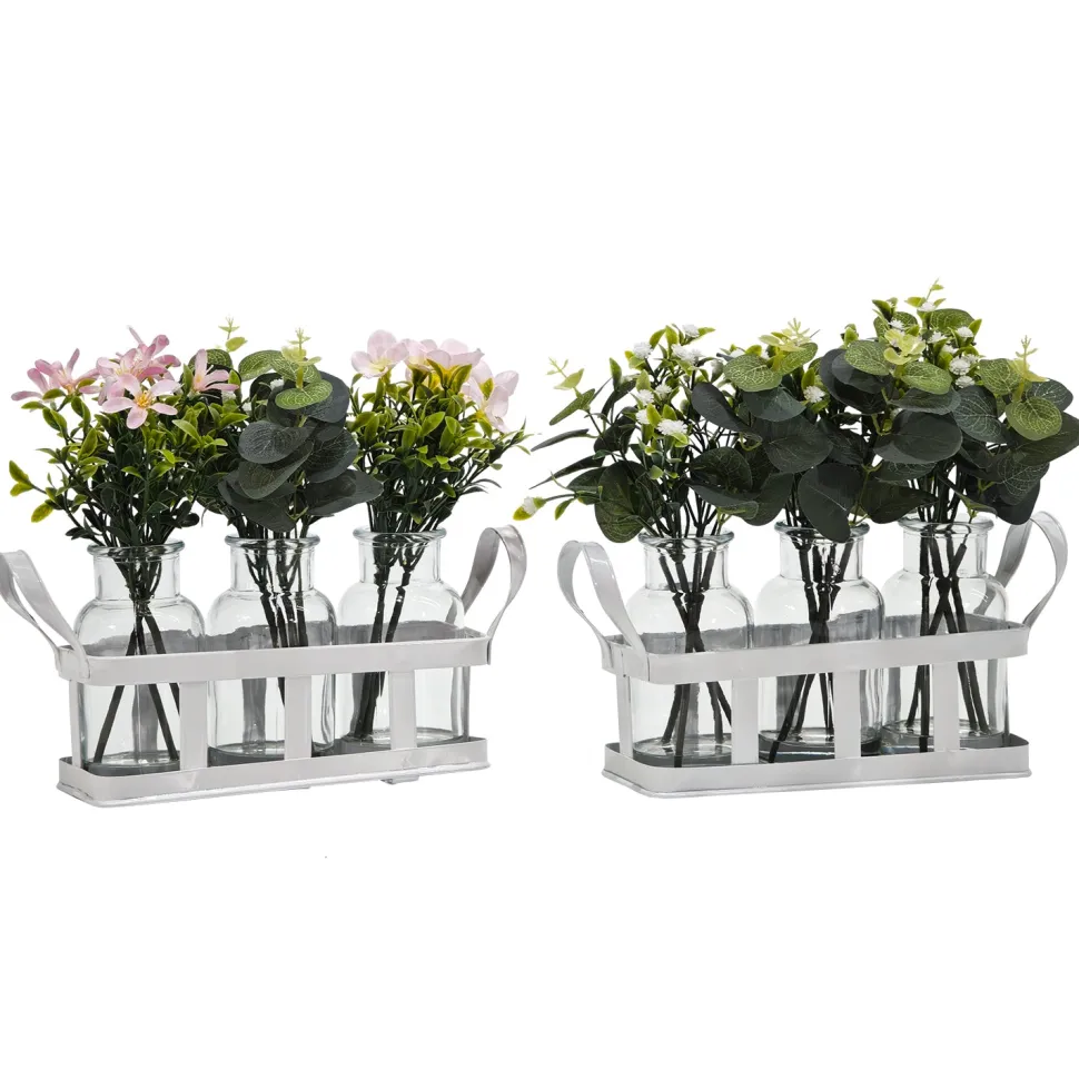 Set 3 Piantine Artificiali in Vasetti di Vetro con Cassetta in Metallo Bianco h24x22x8 cm