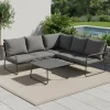 Set Salotto da giardino Angolare 5 Posti Struttura in Acciaio Antracite, braccioli Effetto Legno e Top in Vetro con cuscini inclusi