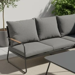 Set Salotto da giardino Angolare 5 Posti Struttura in Acciaio Antracite, braccioli Effetto Legno e Top in Vetro con cuscini inclusi
