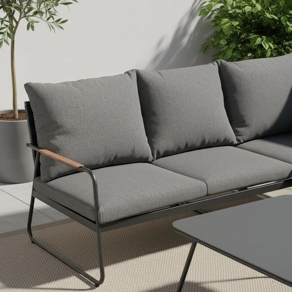 Set Salotto da giardino Angolare 5 Posti Struttura in Acciaio Antracite, braccioli Effetto Legno e Top in Vetro con cuscini inclusi