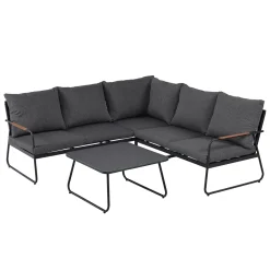 Set Salotto da giardino Angolare 5 Posti Struttura in Acciaio Antracite, braccioli Effetto Legno e Top in Vetro con cuscini inclusi