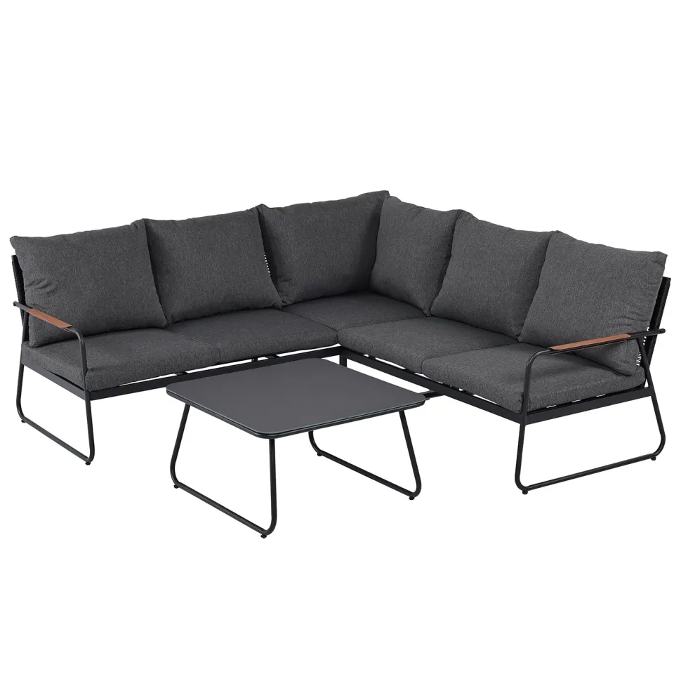 Set Salotto da giardino Angolare 5 Posti Struttura in Acciaio Antracite, braccioli Effetto Legno e Top in Vetro con cuscini inclusi
