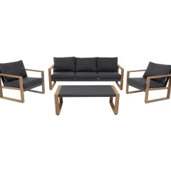 Set Salotto da giardino 4 pezzi in Alluminio Effetto legno, Tavolino in vetro e Cuscini Antracite Design Moderno
