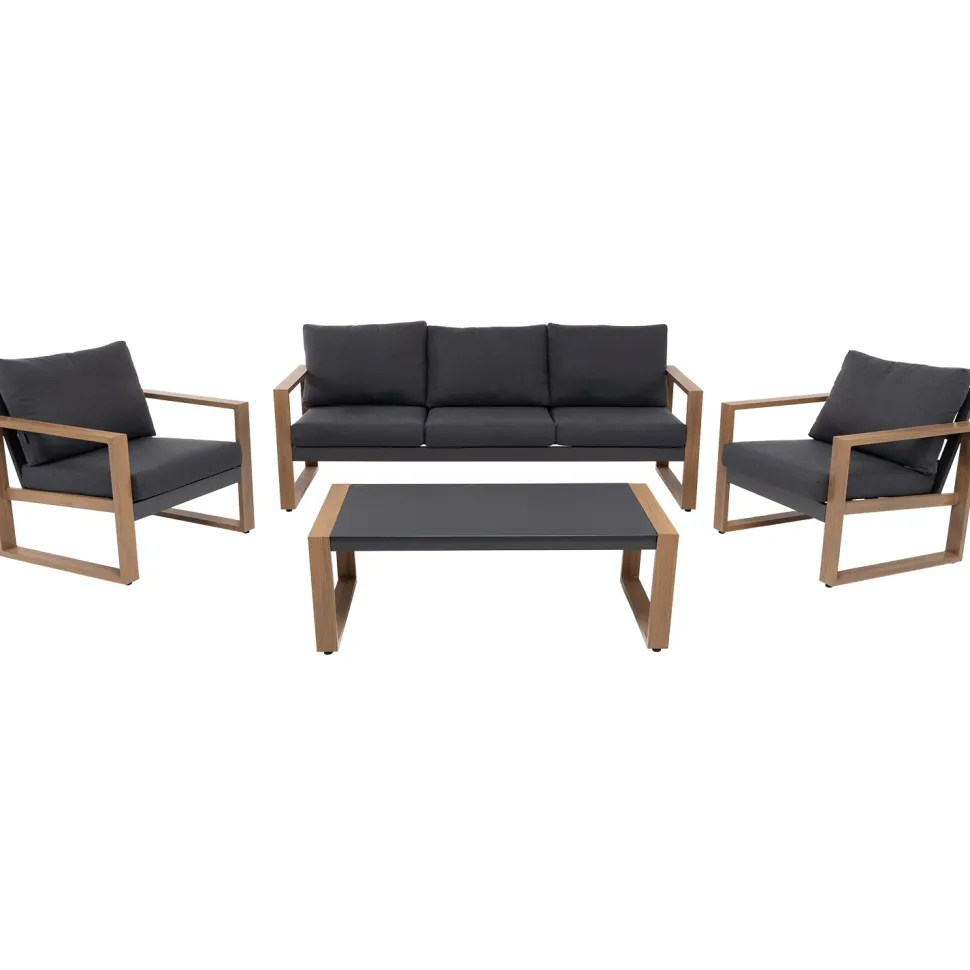 Set Salotto da giardino 4 pezzi in Alluminio Effetto legno, Tavolino in vetro e Cuscini Antracite Design Moderno