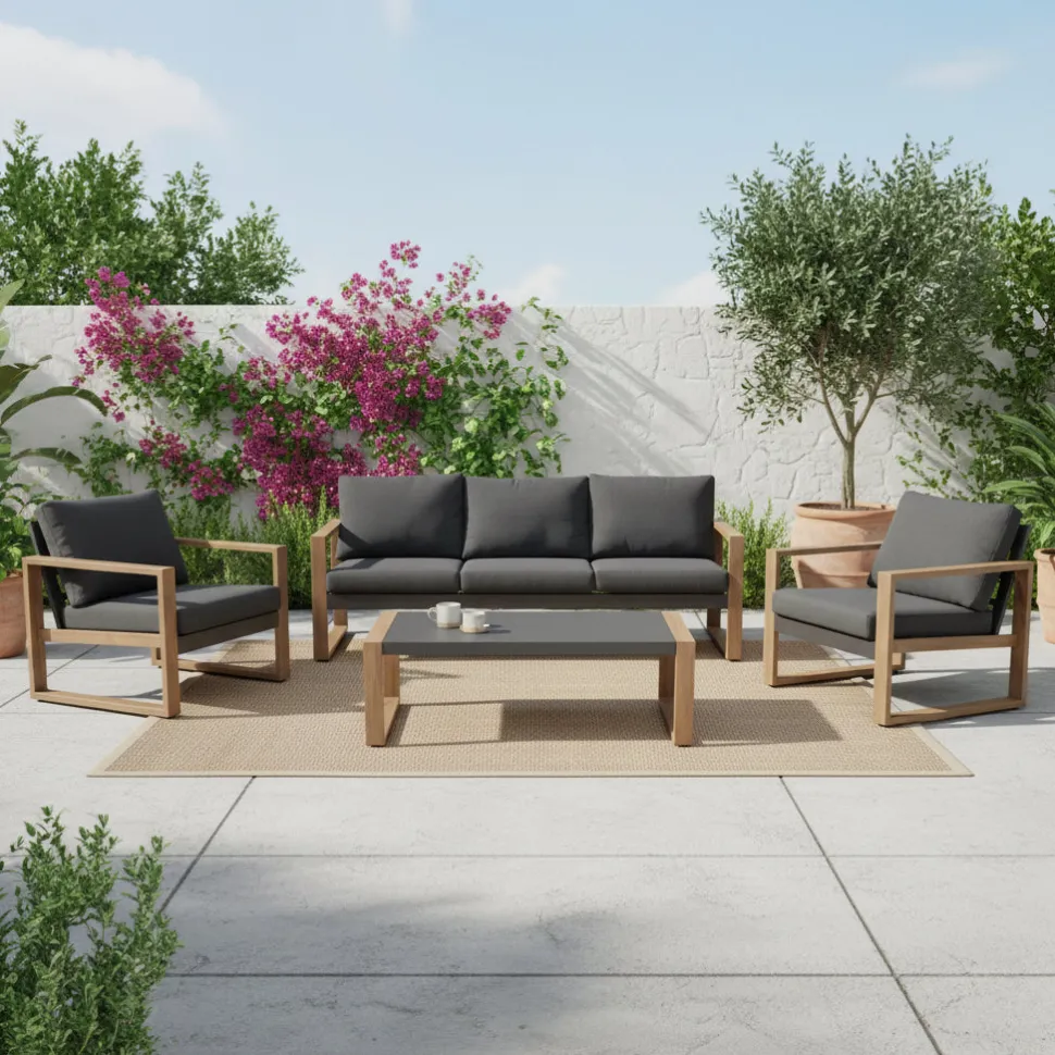 Set Salotto da giardino 4 pezzi in Alluminio Effetto legno, Tavolino in vetro e Cuscini Antracite Design Moderno