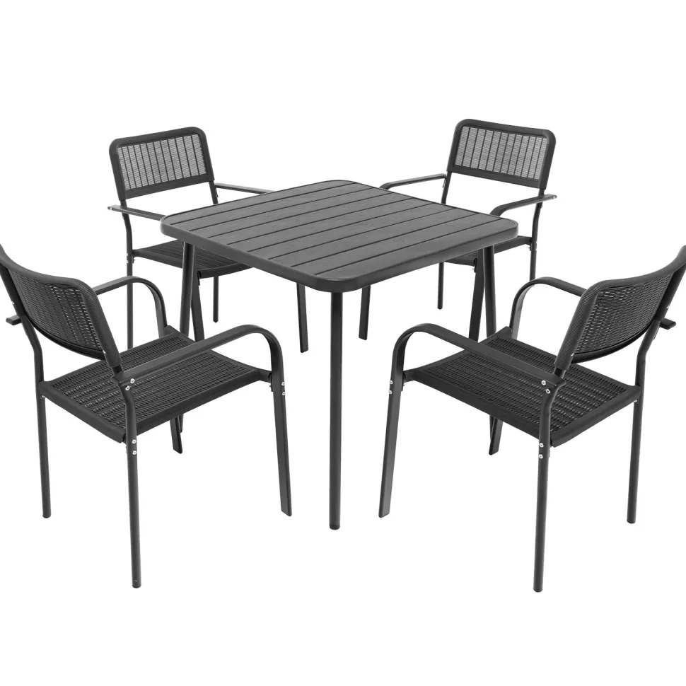 Set Tavolo da Giardino 4 Posti in Metallo con Sedie Intrecciate Antracite
