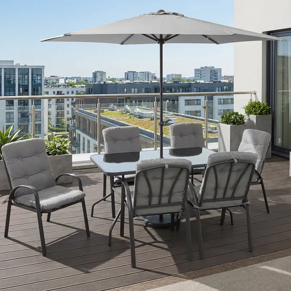 Set Tavolo da Giardino 6 Sedie con Ombrellone Grigio