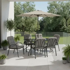 Set Tavolo da Giardino 6 Sedie con Ombrellone Grigio