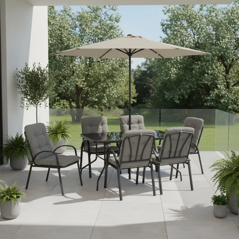 Set Tavolo da Giardino 6 Sedie con Ombrellone Grigio